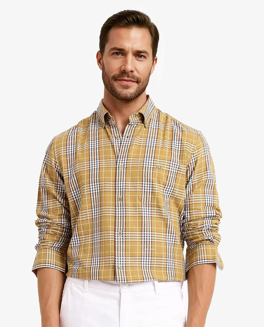 Rare Rabbit Men's Reed Light Brown Checked Print Regular Fit Full Sleeve Collared Shirt