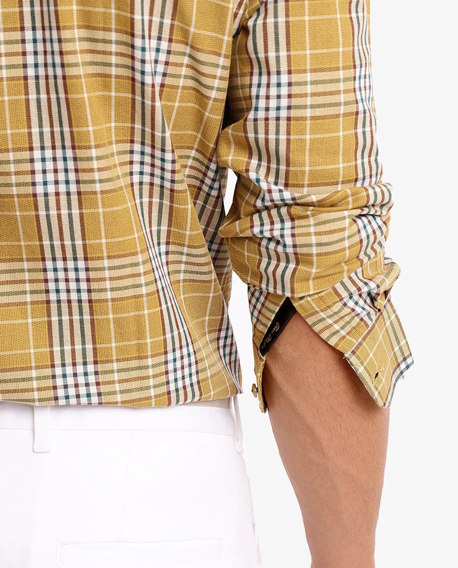 Rare Rabbit Men's Reed Light Brown Checked Print Regular Fit Full Sleeve Collared Shirt