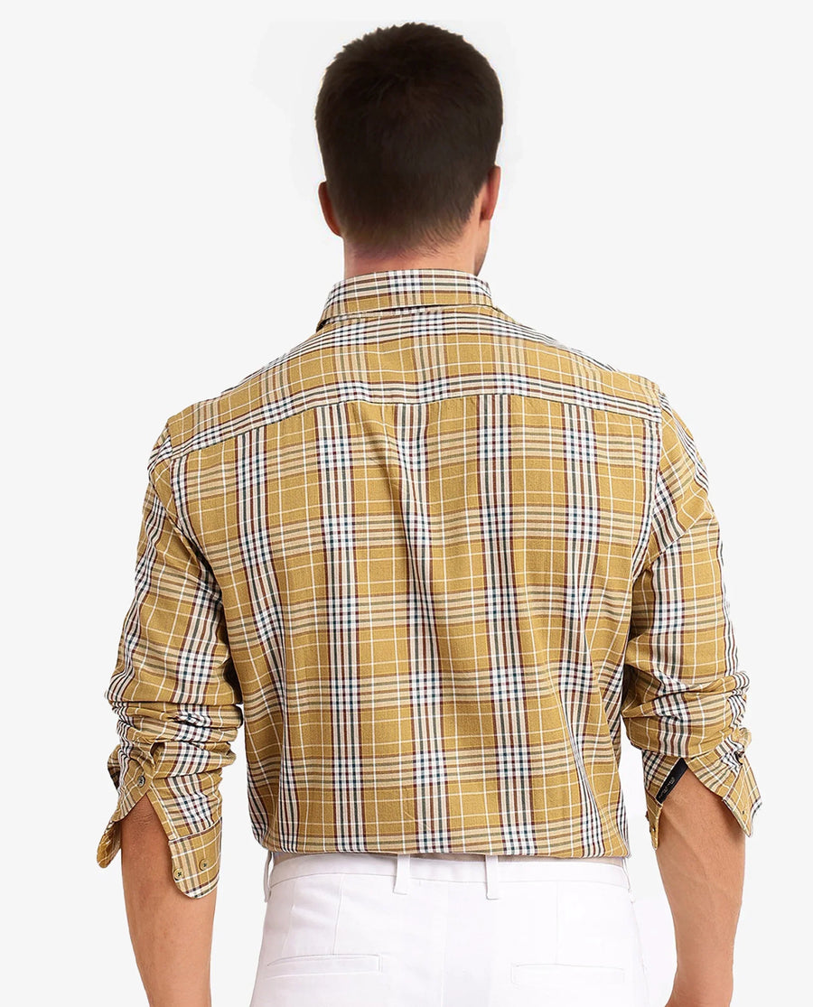 Rare Rabbit Men's Reed Light Brown Checked Print Regular Fit Full Sleeve Collared Shirt