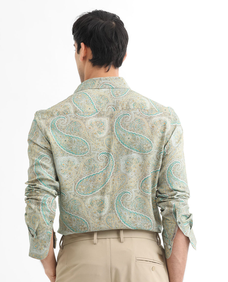 Rare Rabbit Men's Rego Pastel Green Cotton Paisley Print Regular Fit Full Sleeve Collared Shirt