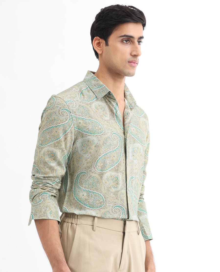 Rare Rabbit Men's Rego Pastel Green Cotton Paisley Print Regular Fit Full Sleeve Collared Shirt
