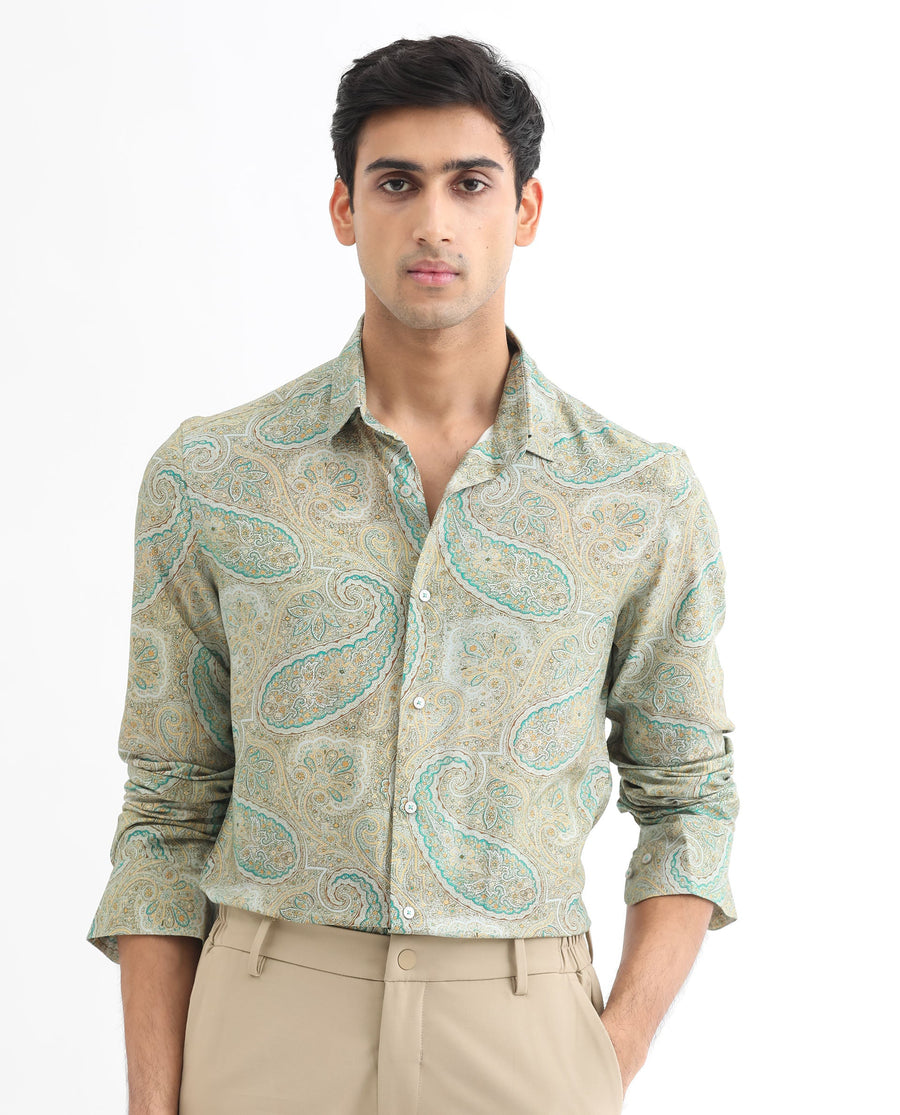 Rare Rabbit Men's Rego Pastel Green Cotton Paisley Print Regular Fit Full Sleeve Collared Shirt