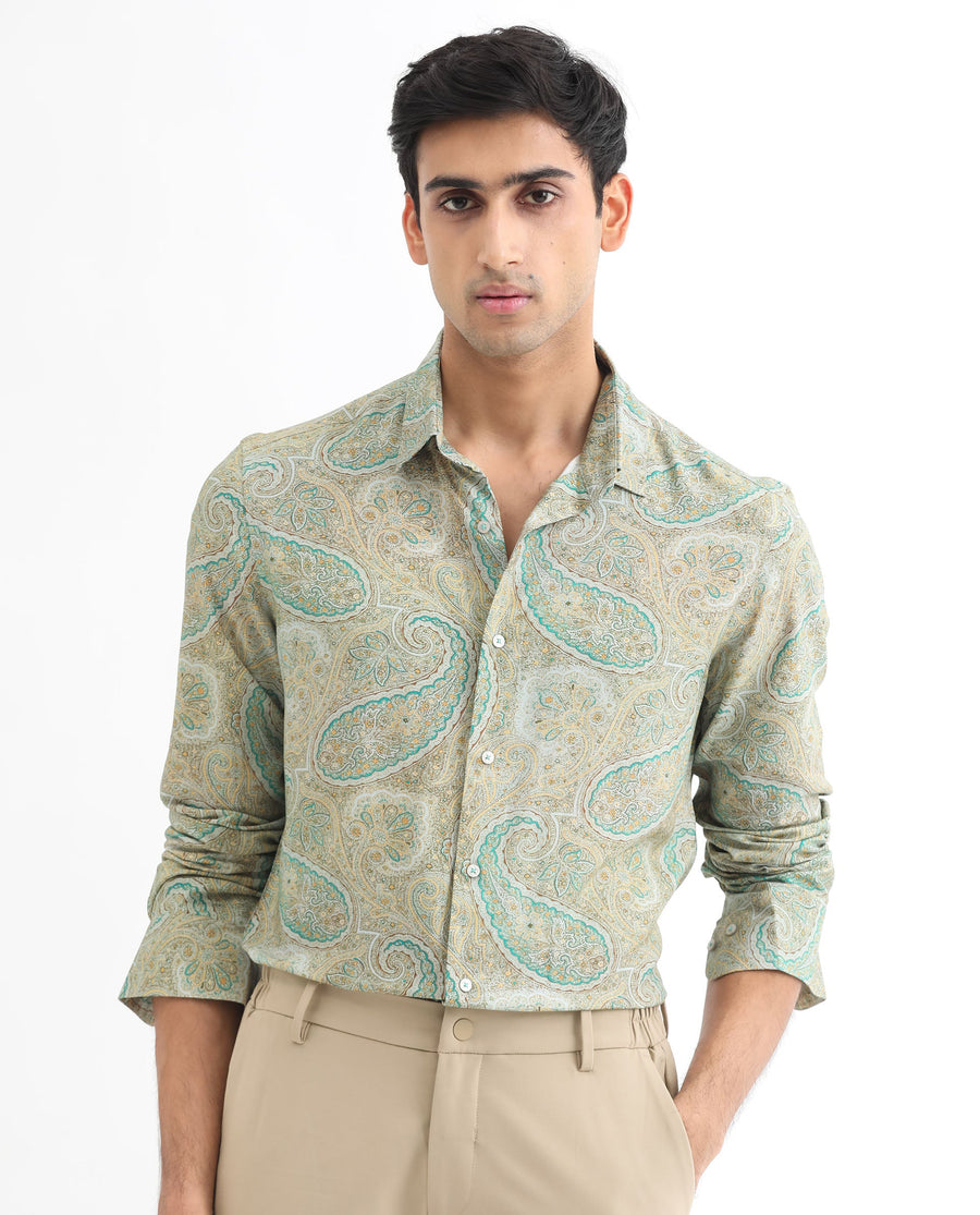 Rare Rabbit Men's Rego Pastel Green Cotton Paisley Print Regular Fit Full Sleeve Collared Shirt