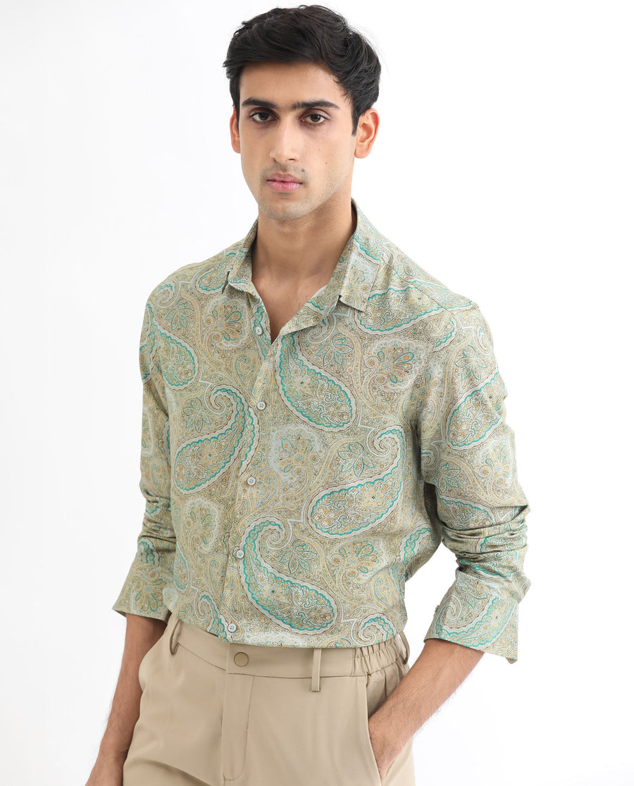Rare Rabbit Men's Rego Pastel Green Cotton Paisley Print Regular Fit Full Sleeve Collared Shirt