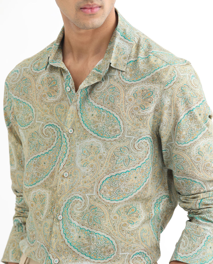 Rare Rabbit Men's Rego Pastel Green Cotton Paisley Print Regular Fit Full Sleeve Collared Shirt