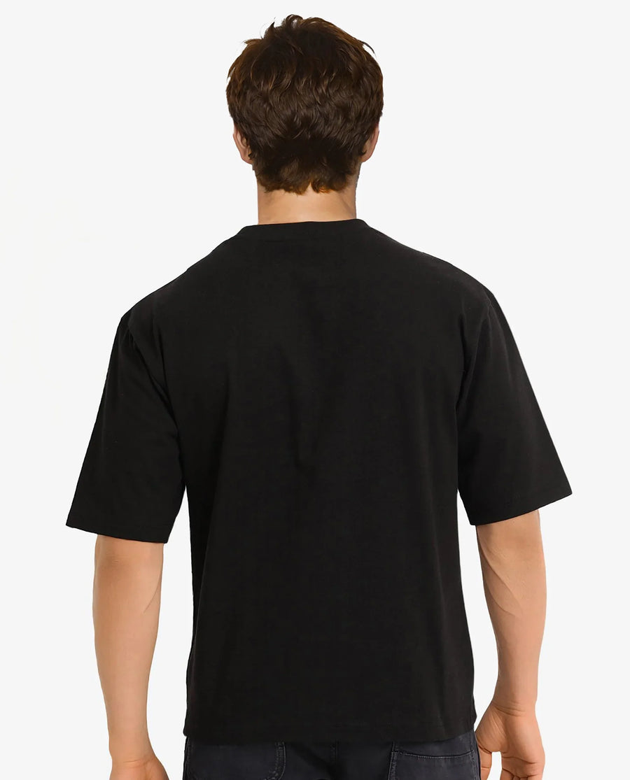 Rare Rabbit Men's Reis Black Cotton Graphic Print Oversized Fit Half Sleeve Crew Neck T-Shirt