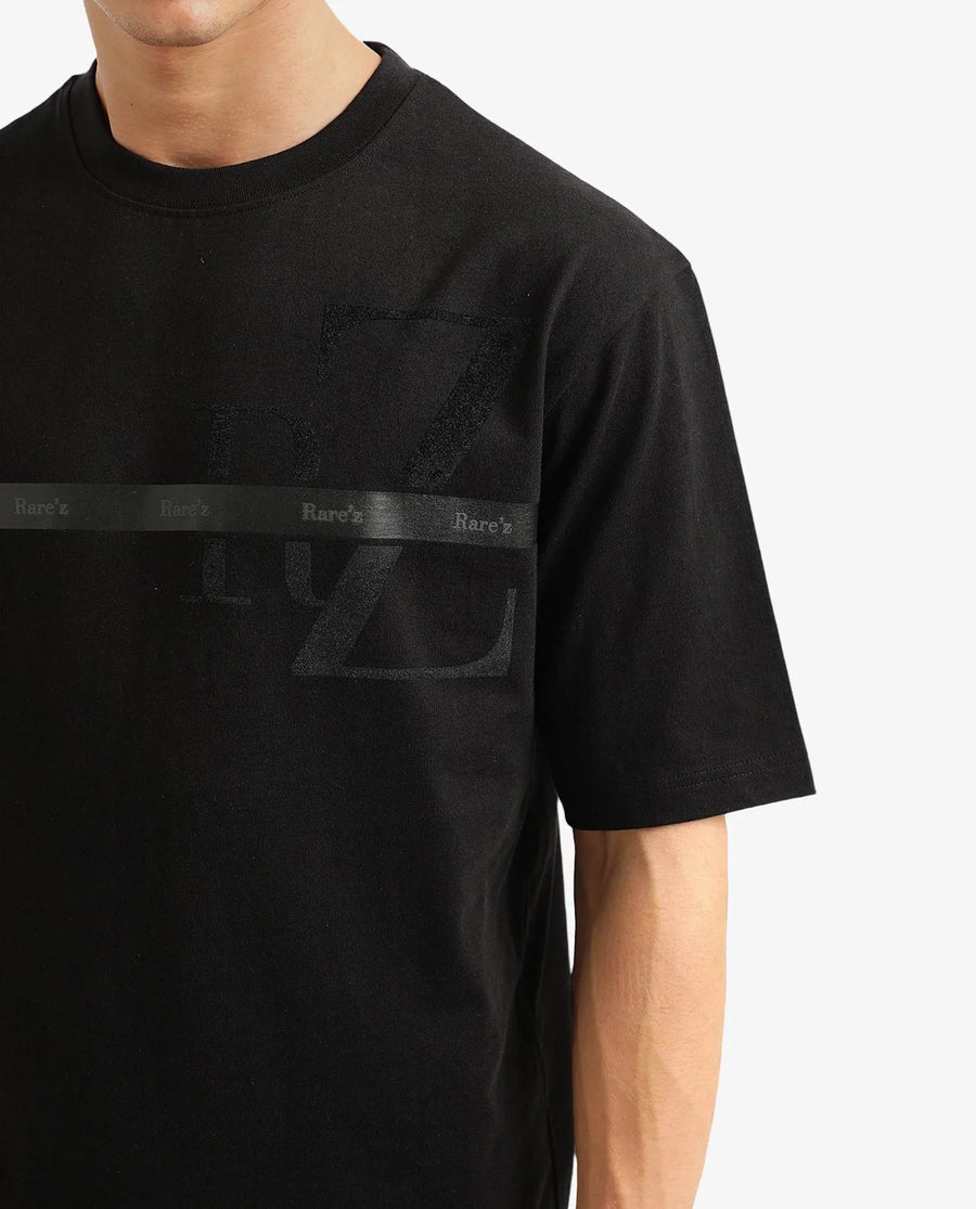 Rare Rabbit Men's Reis Black Cotton Graphic Print Oversized Fit Half Sleeve Crew Neck T-Shirt