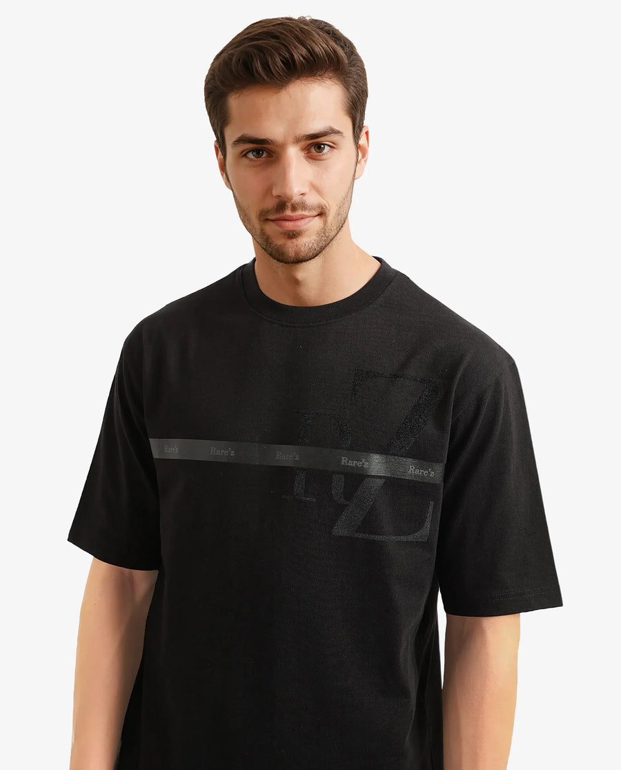 Rare Rabbit Men's Reis Black Cotton Graphic Print Oversized Fit Half Sleeve Crew Neck T-Shirt