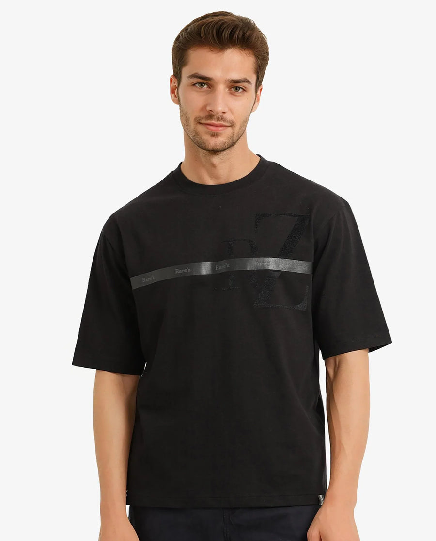 Rare Rabbit Men's Reis Black Cotton Graphic Print Oversized Fit Half Sleeve Crew Neck T-Shirt