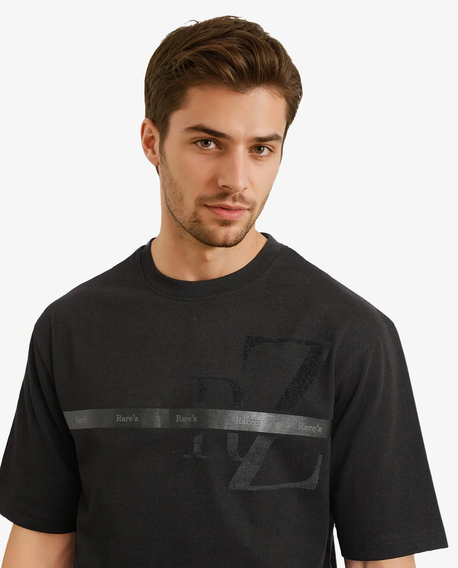 Rare Rabbit Men's Reis Black Cotton Graphic Print Oversized Fit Half Sleeve Crew Neck T-Shirt