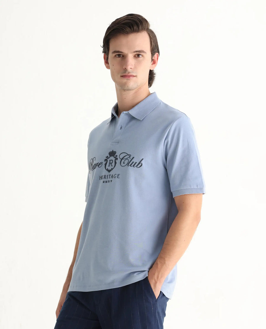 Rare Rabbit Men's Rem Light Blue Cotton Graphic Print Regular Fit Half Sleeve Polo