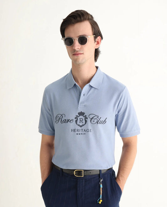 Rare Rabbit Men's Rem Light Blue Cotton Graphic Print Regular Fit Half Sleeve Polo