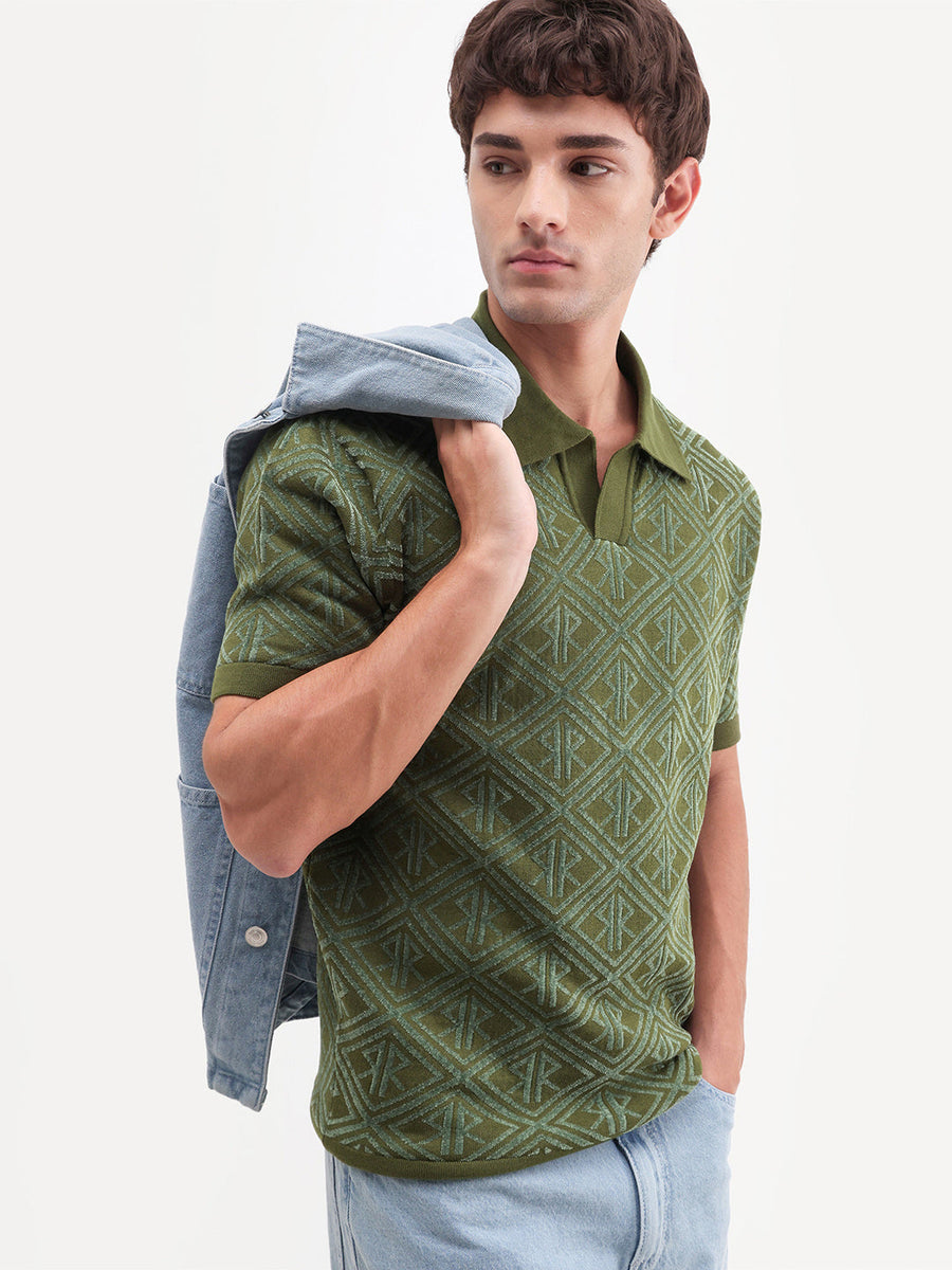 Rare Rabbit Men's Rene Dusky Green Cotton Blend Johnny Collar Regular Jacquard Polo