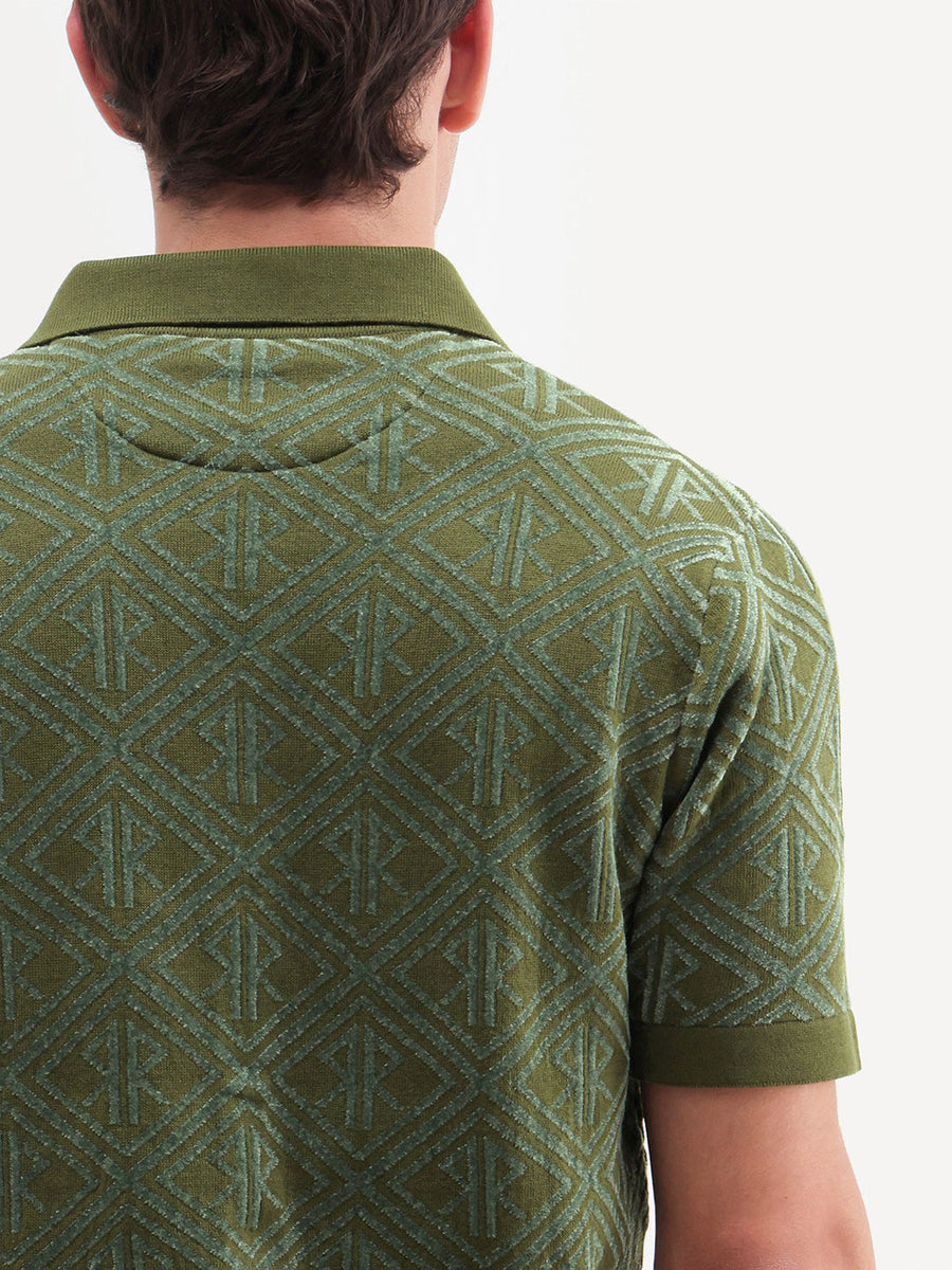 Rare Rabbit Men's Rene Dusky Green Cotton Blend Johnny Collar Regular Jacquard Polo