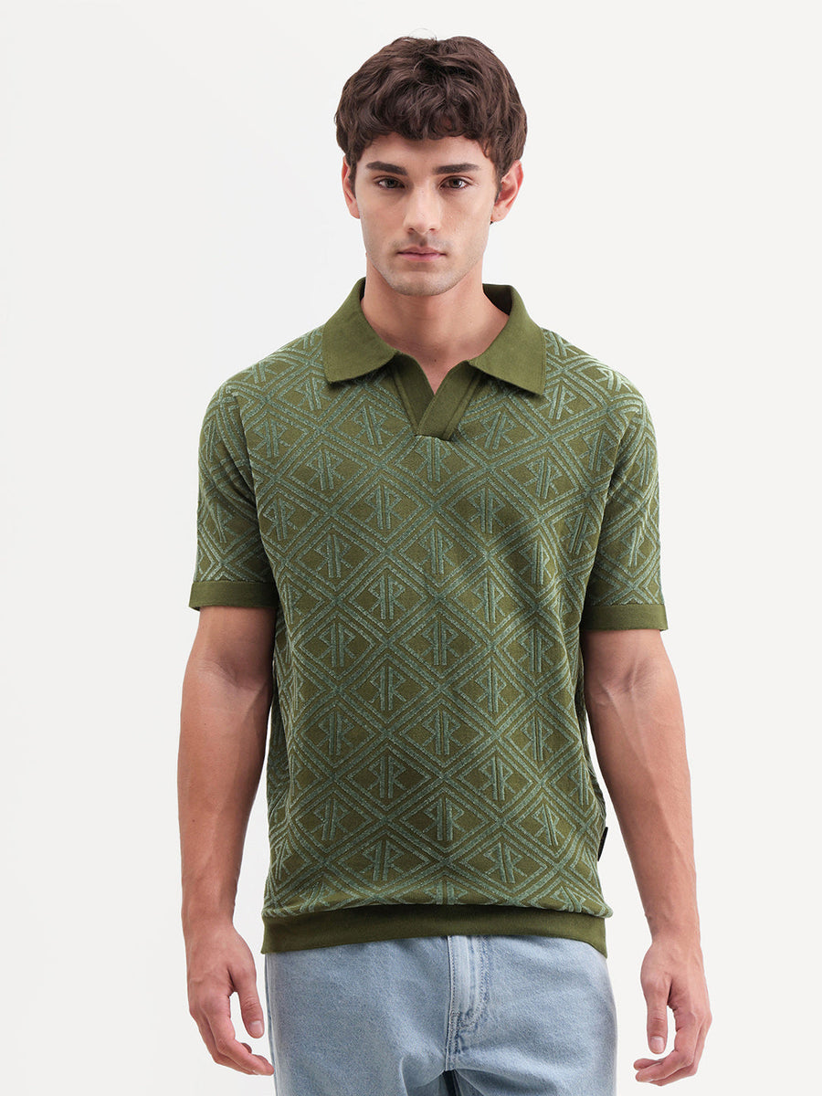 Rare Rabbit Men's Rene Dusky Green Cotton Blend Johnny Collar Regular Jacquard Polo
