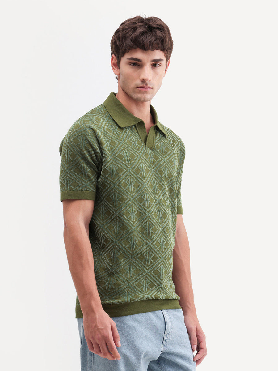 Rare Rabbit Men's Rene Dusky Green Cotton Blend Johnny Collar Regular Jacquard Polo