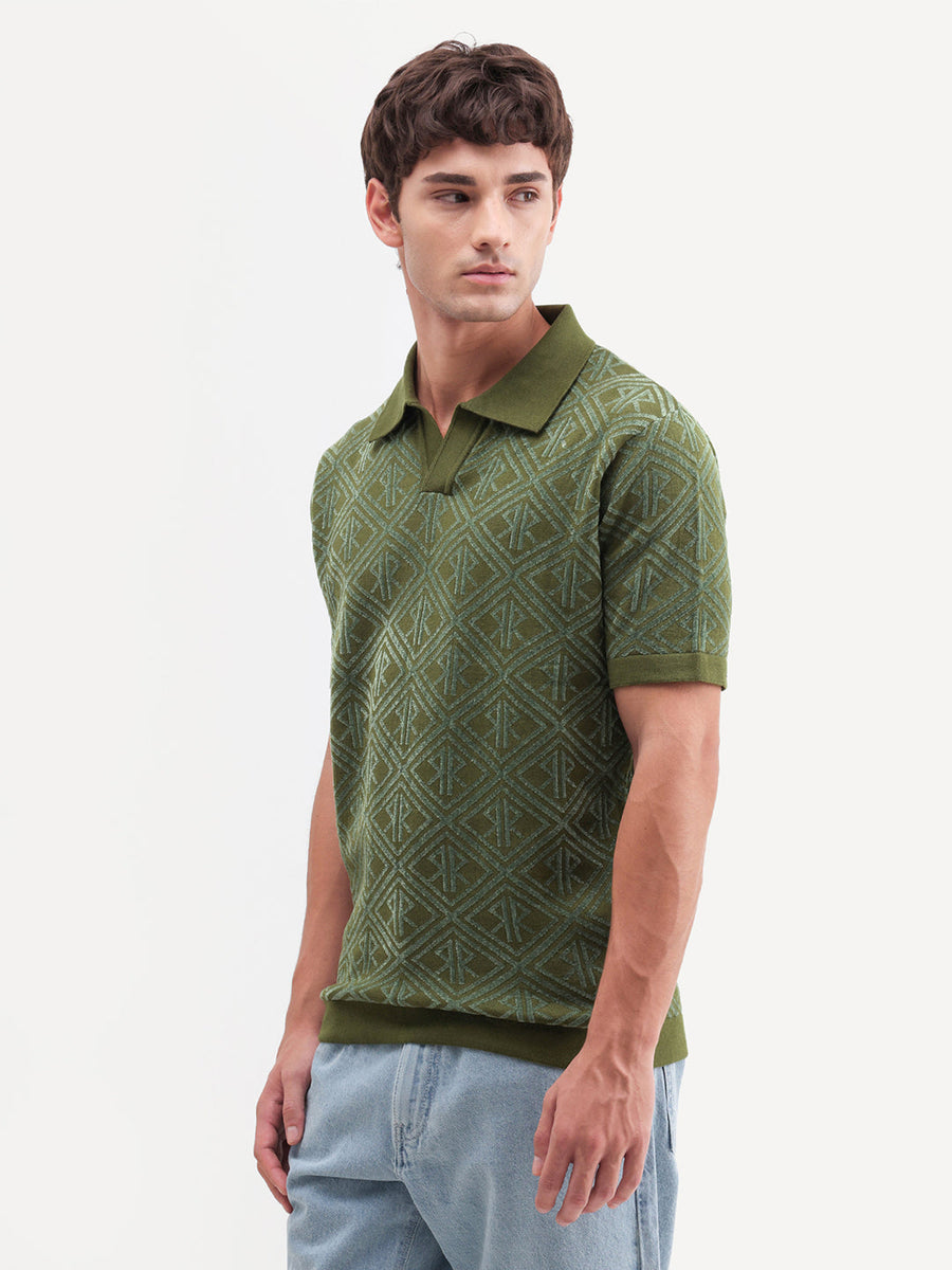 Rare Rabbit Men's Rene Dusky Green Cotton Blend Johnny Collar Regular Jacquard Polo