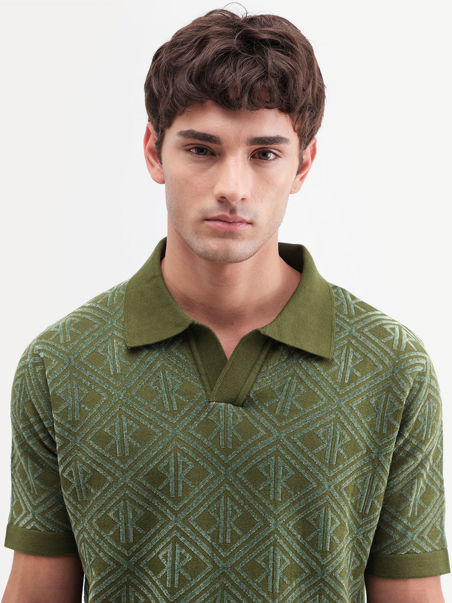 Rare Rabbit Men's Rene Dusky Green Cotton Blend Johnny Collar Regular Jacquard Polo