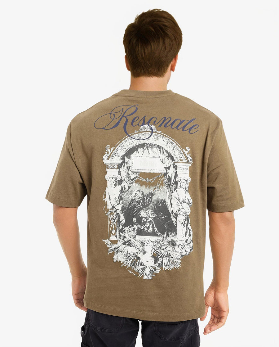 Rare Rabbit Men's Reso Olive Cotton Graphic Print Oversized Fit Half Sleeve Crew Neck T-Shirt
