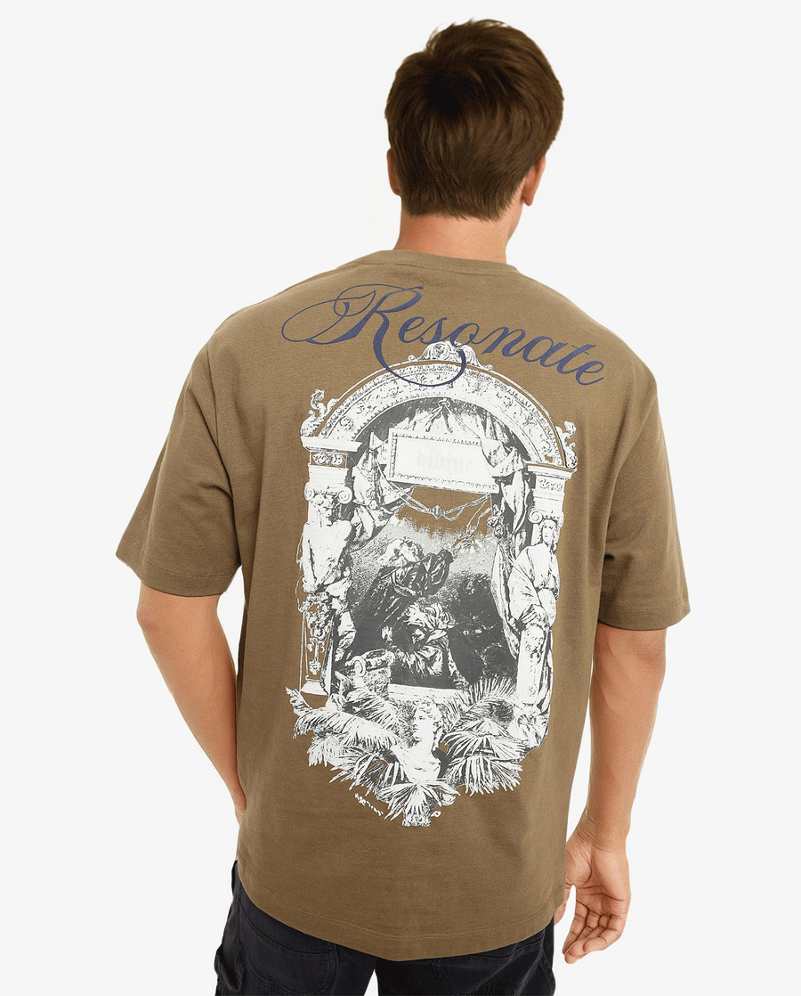 Rare Rabbit Men's Reso Olive Cotton Graphic Print Oversized Fit Half Sleeve Crew Neck T-Shirt