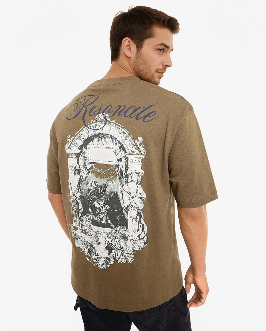 Rare Rabbit Men's Reso Olive Cotton Graphic Print Oversized Fit Half Sleeve Crew Neck T-Shirt