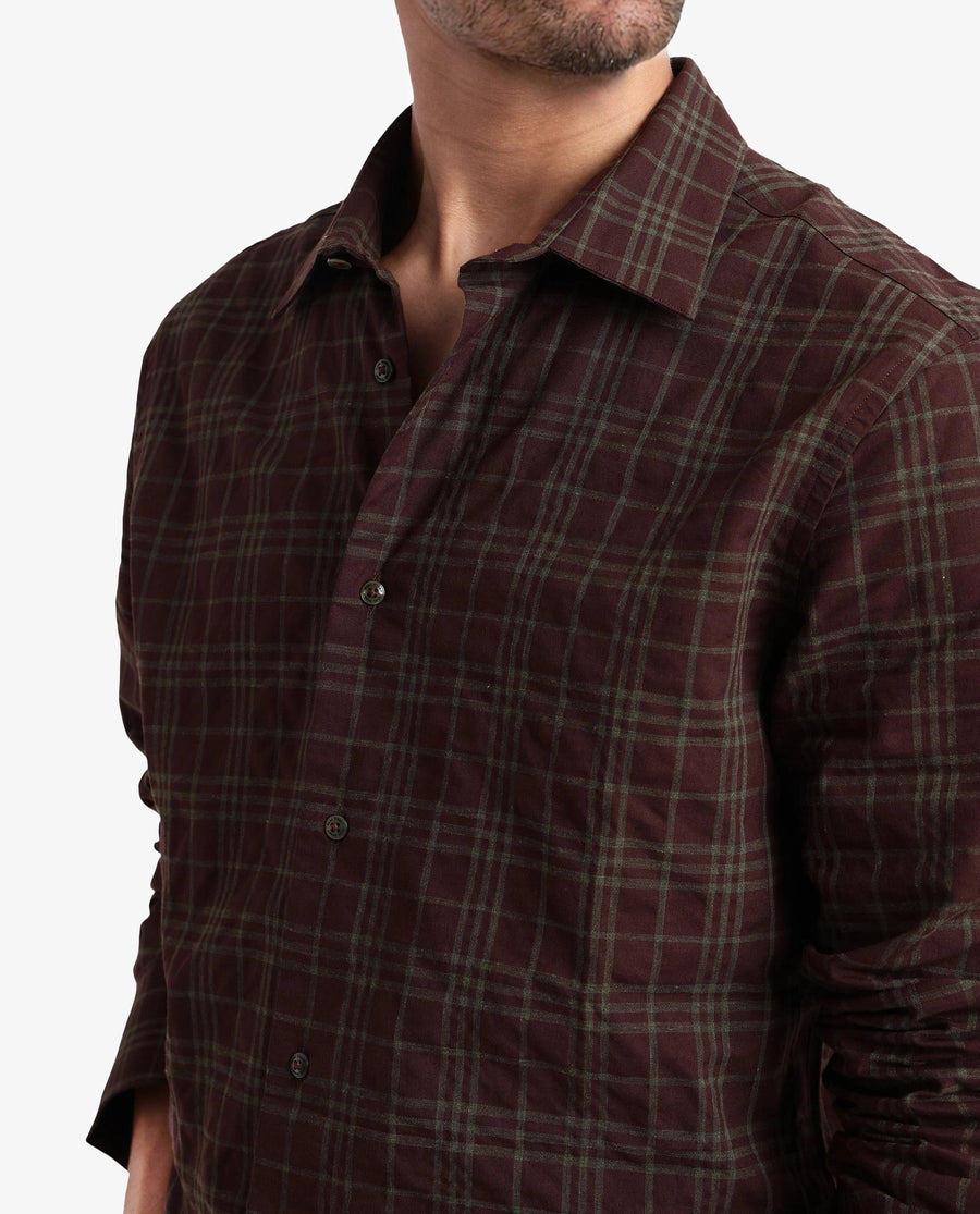 Rare Rabbit Men's Revers Brown Cotton Checked Print Regular Fit Full Sleeve Collared Shirt