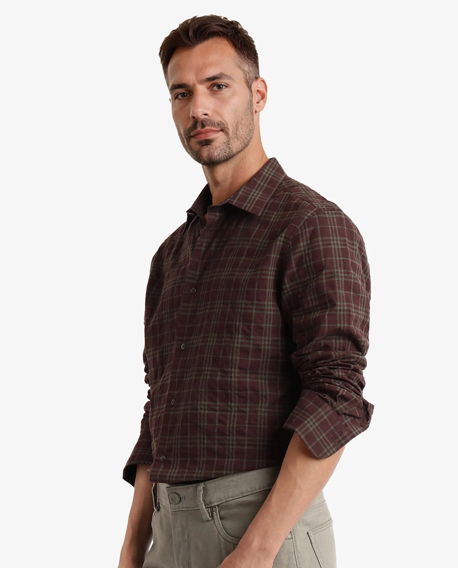 Rare Rabbit Men's Revers Brown Cotton Checked Print Regular Fit Full Sleeve Collared Shirt