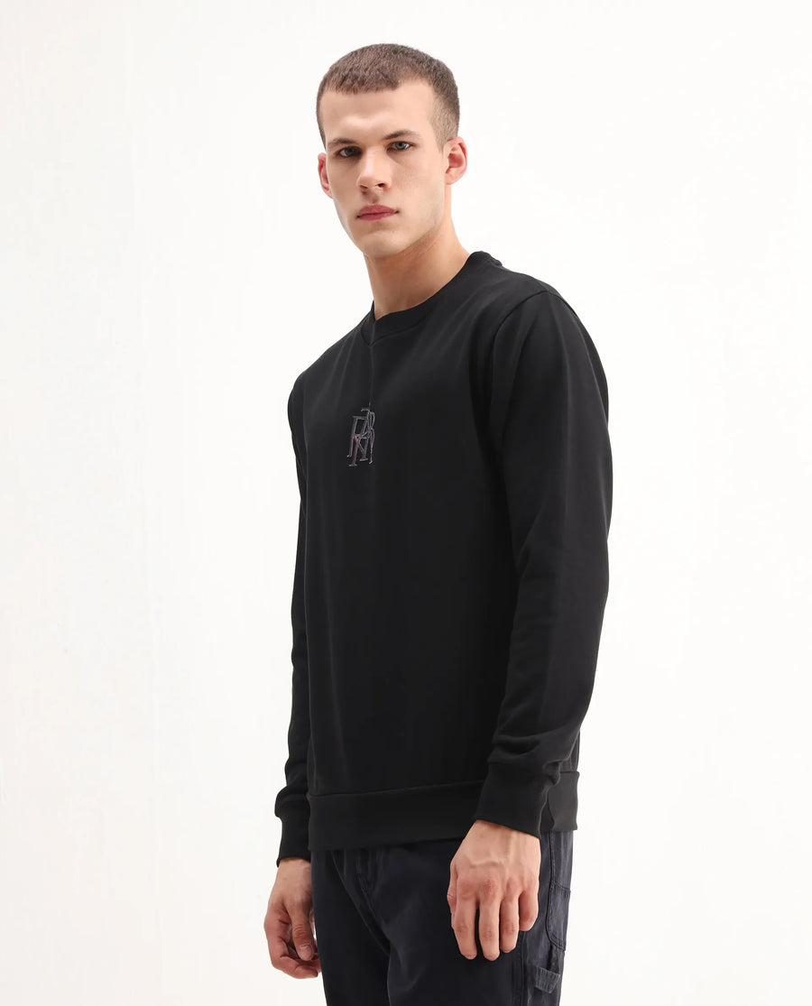 Rare Rabbit Men's Rick Black Cotton Blend Graphic Print Regular Fit Full Sleeve Crew Neck Sweatshirt