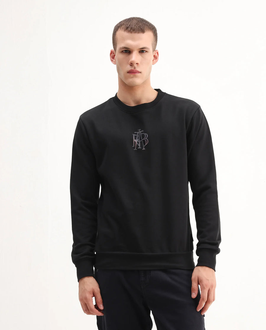 Rare Rabbit Men's Rick Black Cotton Blend Graphic Print Regular Fit Full Sleeve Crew Neck Sweatshirt