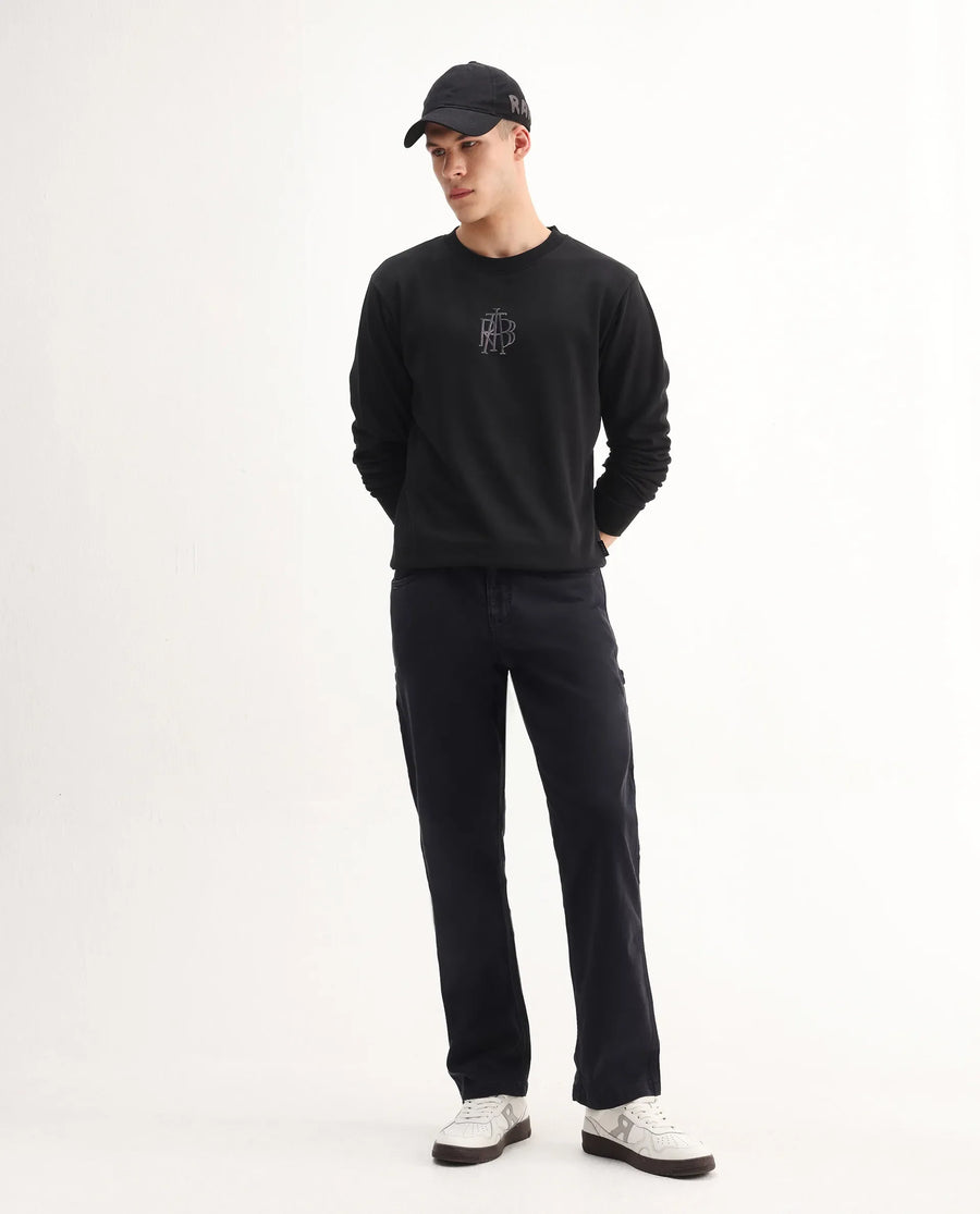 Rare Rabbit Men's Rick Black Cotton Blend Graphic Print Regular Fit Full Sleeve Crew Neck Sweatshirt