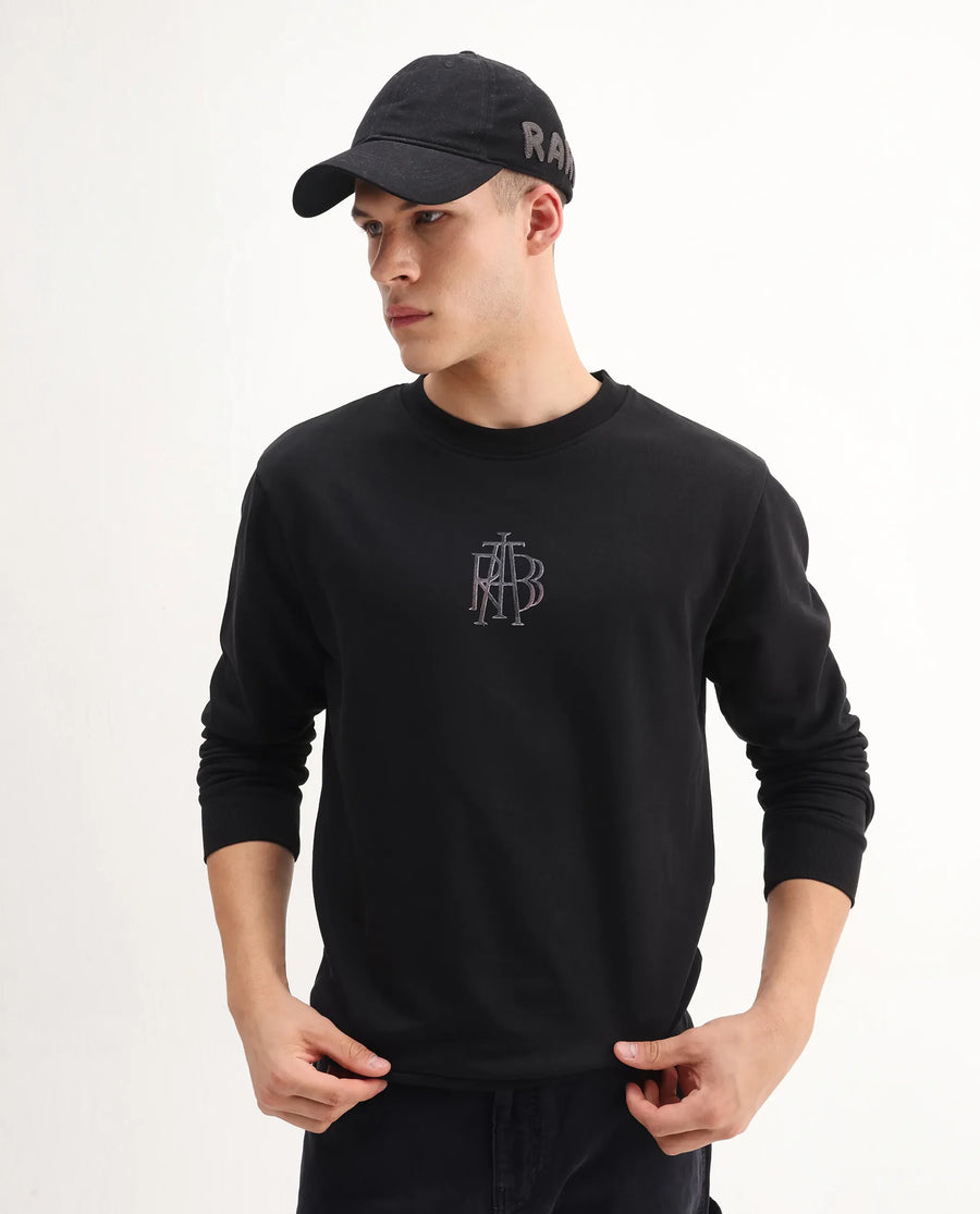 Rare Rabbit Men's Rick Black Cotton Blend Graphic Print Regular Fit Full Sleeve Crew Neck Sweatshirt