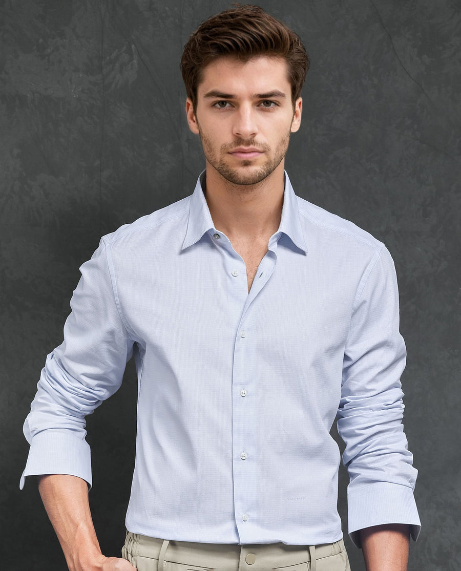Rare Rabbit Men's Ridge Light Blue Cotton Checked Print Tailored Fit Full Sleeve Collared Shirt