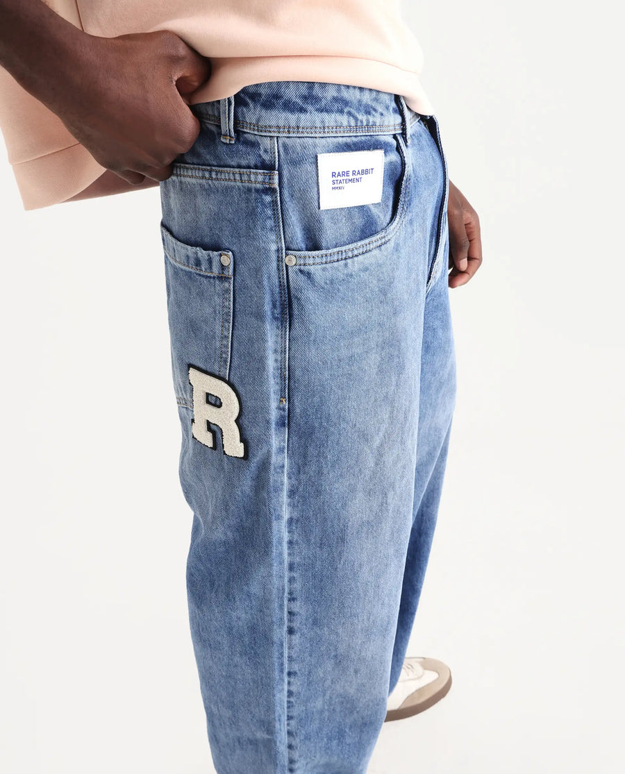Rare Rabbit Men's Riffin Light Blue Cotton Plain Baggy Fit Jeans