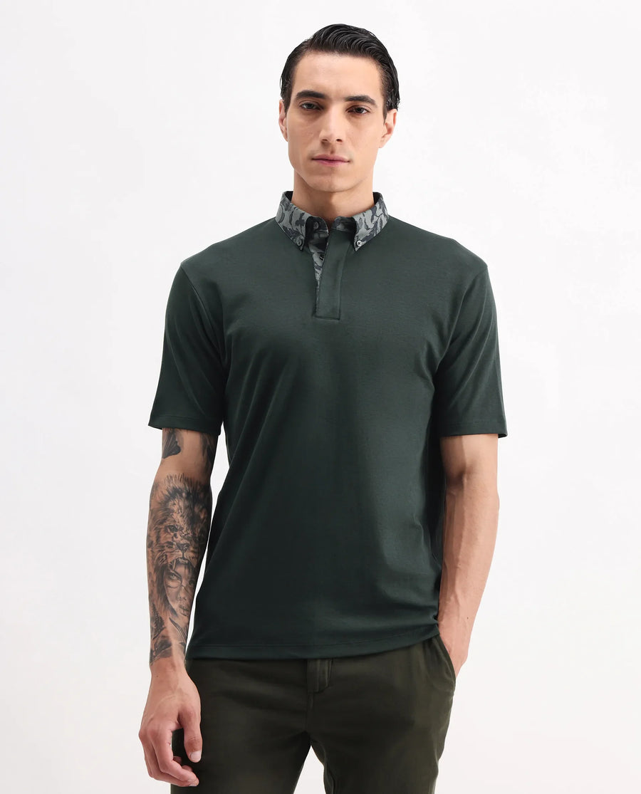 Rare Rabbit Men's Ringer-A25 Dark Green Cotton Plain Regular Fit Half Sleeve Polo