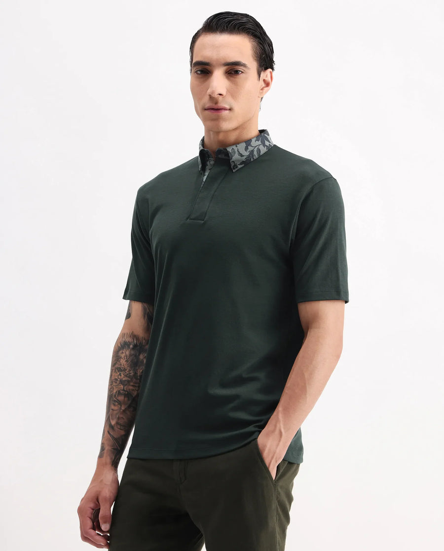 Rare Rabbit Men's Ringer-A25 Dark Green Cotton Plain Regular Fit Half Sleeve Polo