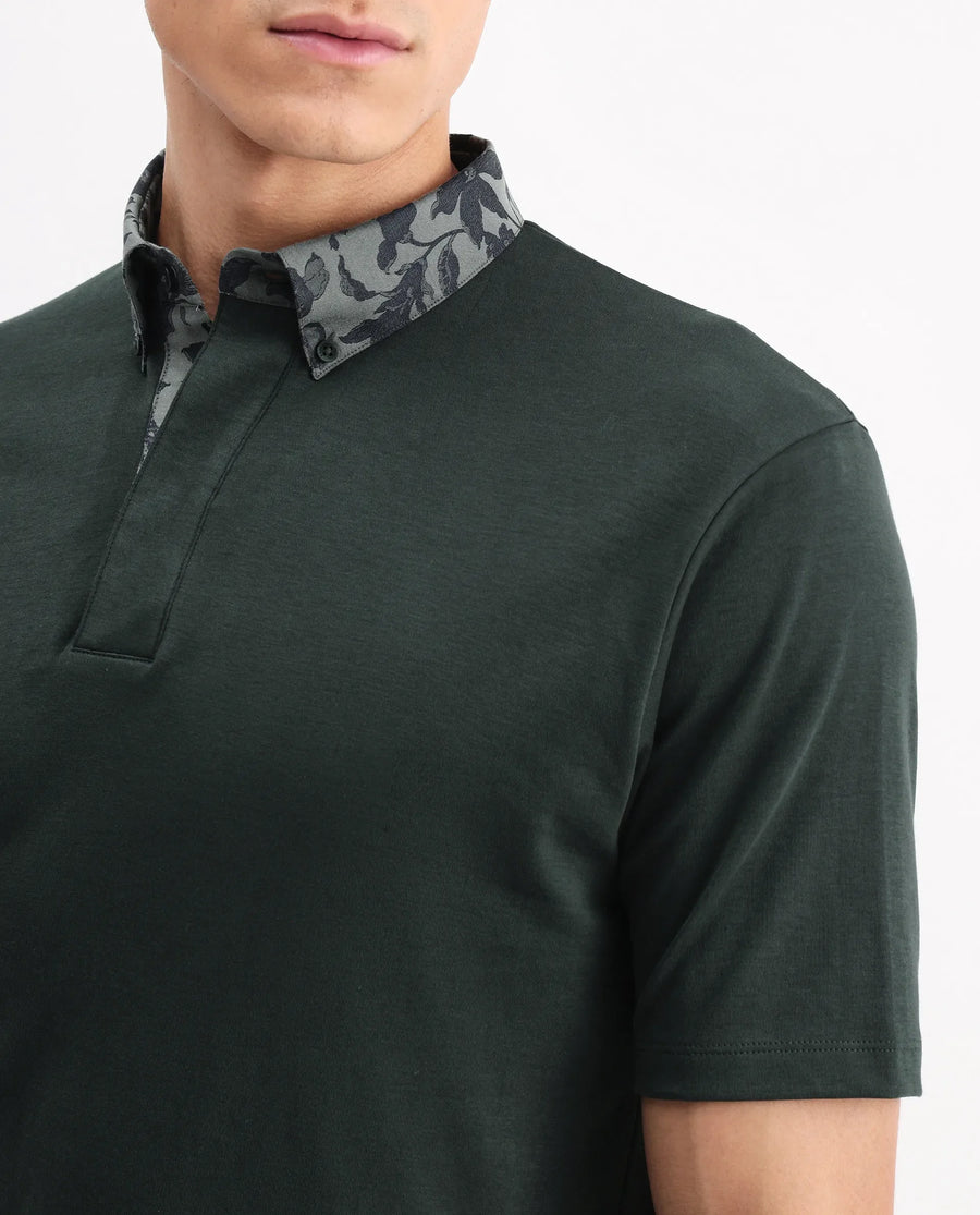 Rare Rabbit Men's Ringer-A25 Dark Green Cotton Plain Regular Fit Half Sleeve Polo