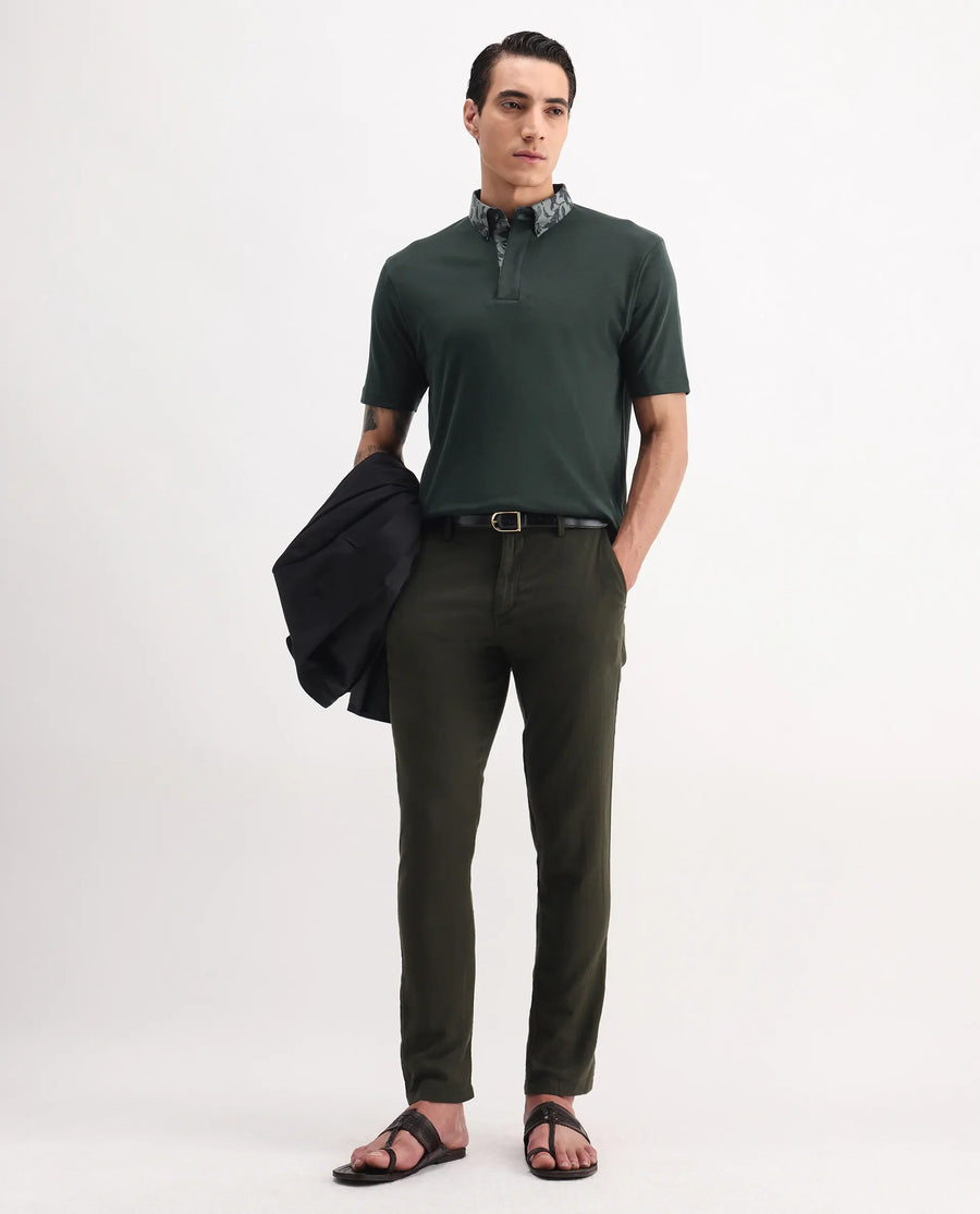 Rare Rabbit Men's Ringer-A25 Dark Green Cotton Plain Regular Fit Half Sleeve Polo