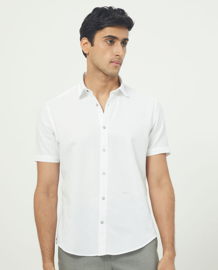 Rare Rabbit Men's Rissa White Cotton Plain Regular Fit Half Sleeve Collared Shirt