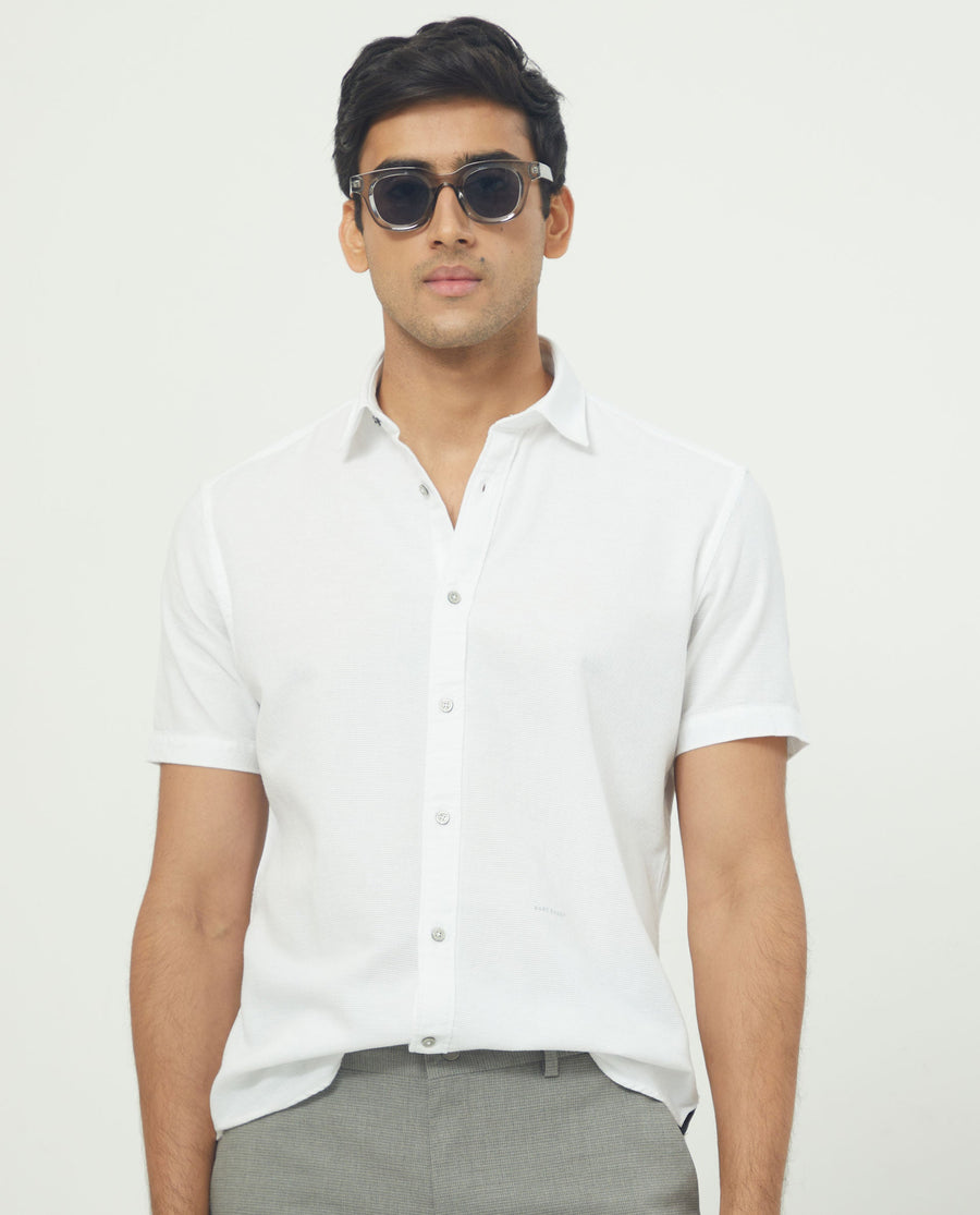 Rare Rabbit Men's Rissa White Cotton Plain Regular Fit Half Sleeve Collared Shirt