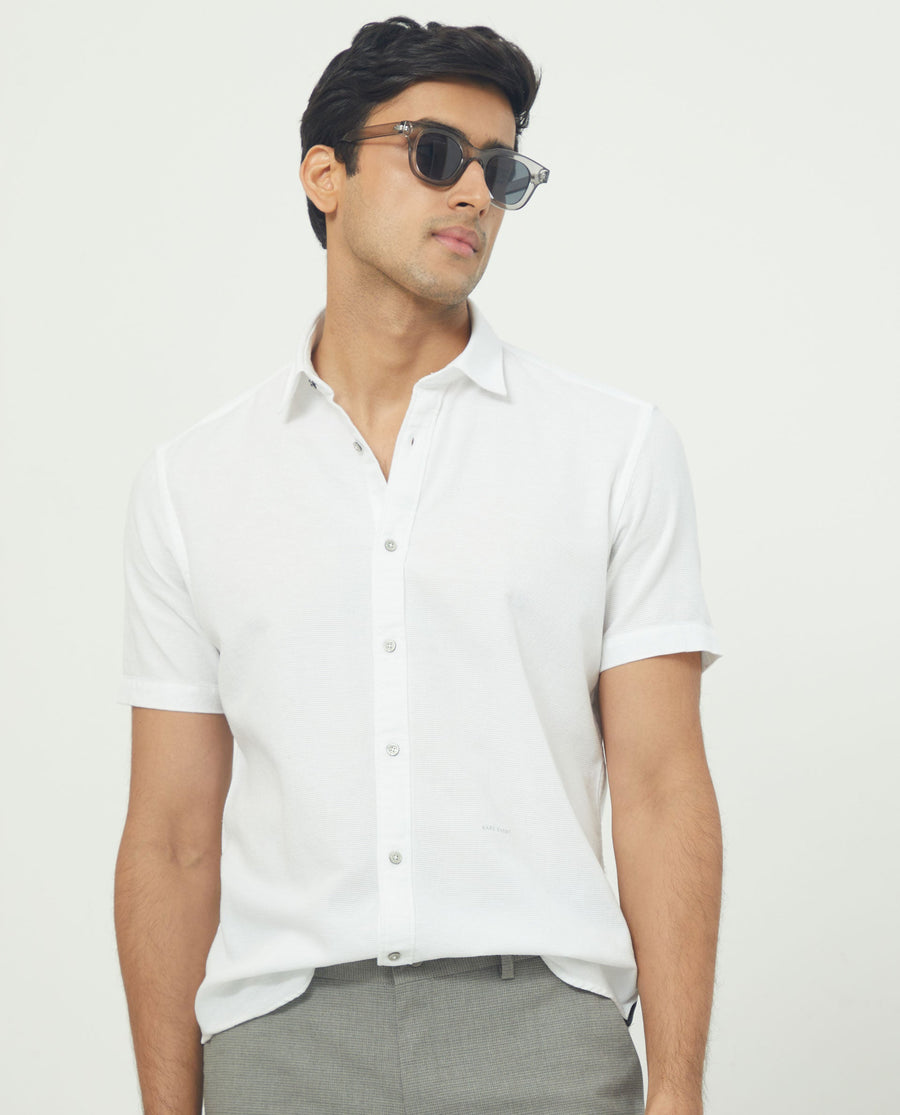 Rare Rabbit Men's Rissa White Cotton Plain Regular Fit Half Sleeve Collared Shirt