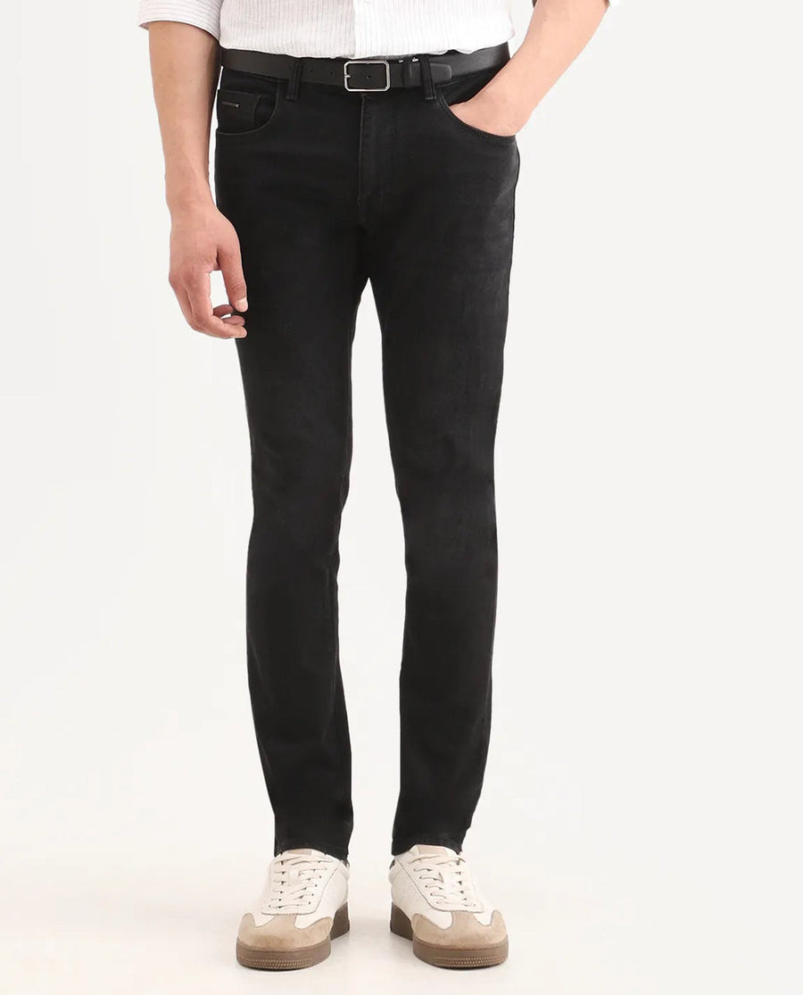 Rare Rabbit Men's Rivv Black Cotton Blend Fabric Hawk Slim Fit Plain Jeans