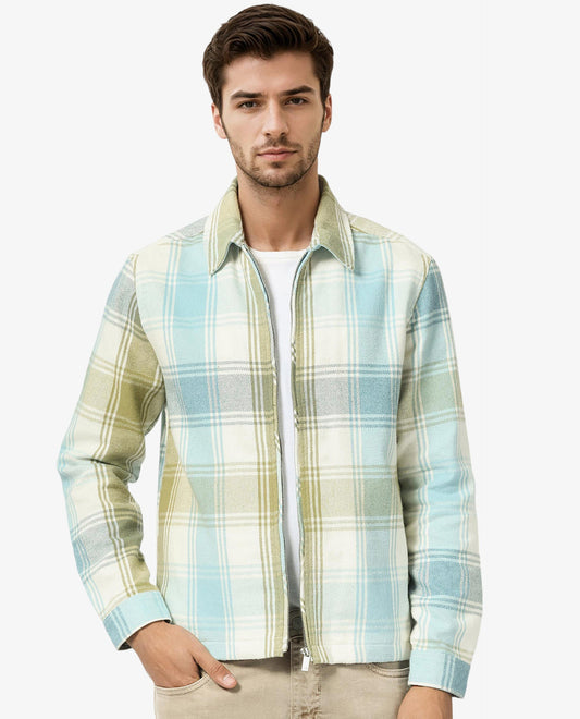 Rare Rabbit Men's Rizo Blue Cotton Checked Print Relaxed Fit Full Sleeve Collared Shacket