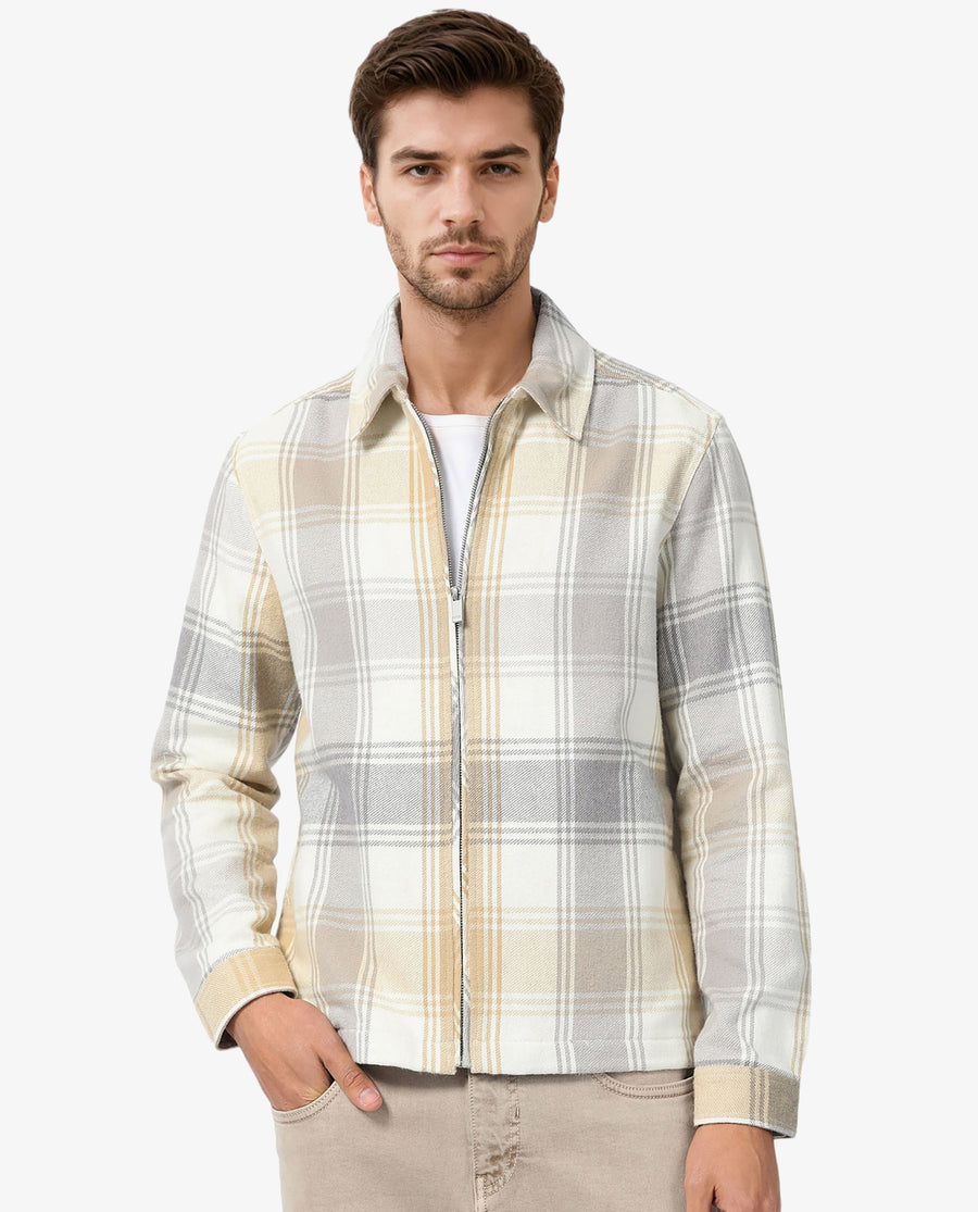 Rare Rabbit Men's Rizo Light Brown Cotton Checked Print Relaxed Fit Full Sleeve Spread Collar Shacket