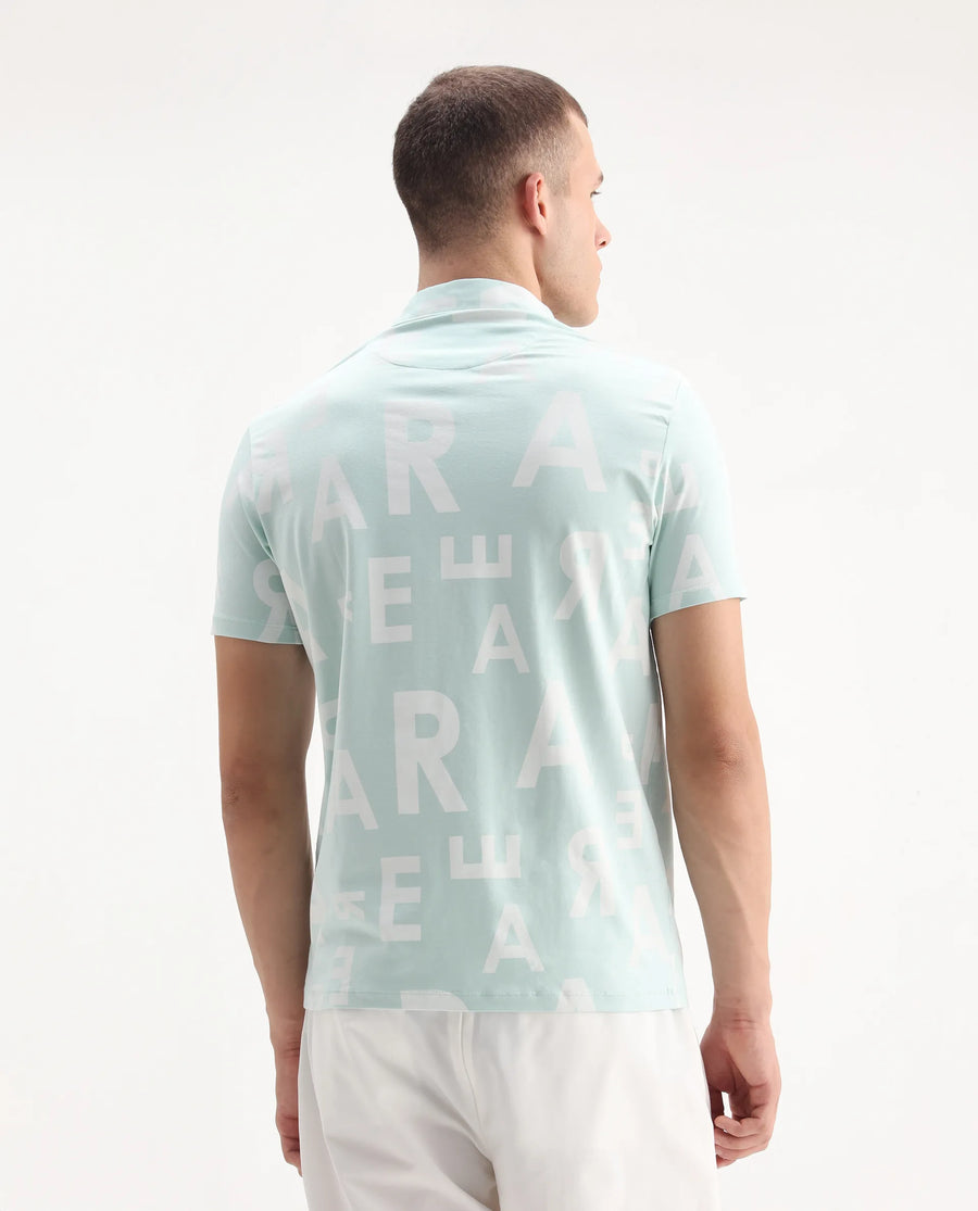 Rare Rabbit Men's Rocha Light Turq Cotton Monogram Print Regular Fit Half Sleeve Polo