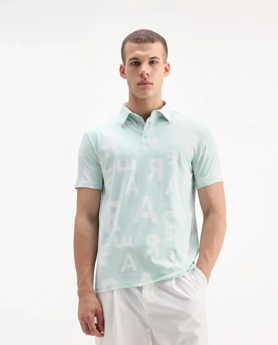Rare Rabbit Men's Rocha Light Turq Cotton Monogram Print Regular Fit Half Sleeve Polo