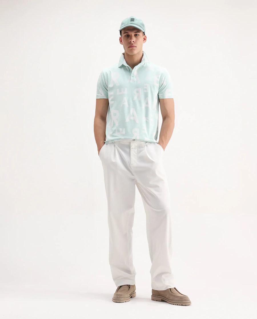 Rare Rabbit Men's Rocha Light Turq Cotton Monogram Print Regular Fit Half Sleeve Polo