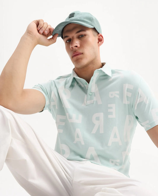 Rare Rabbit Men's Rocha Light Turq Cotton Monogram Print Regular Fit Half Sleeve Polo