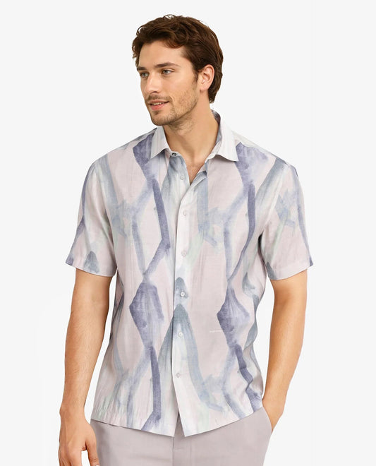 Rare Rabbit Men's Rogue Pastel Pink Cotton Abstract Print Regular Fit Half Sleeve Collared Shirt
