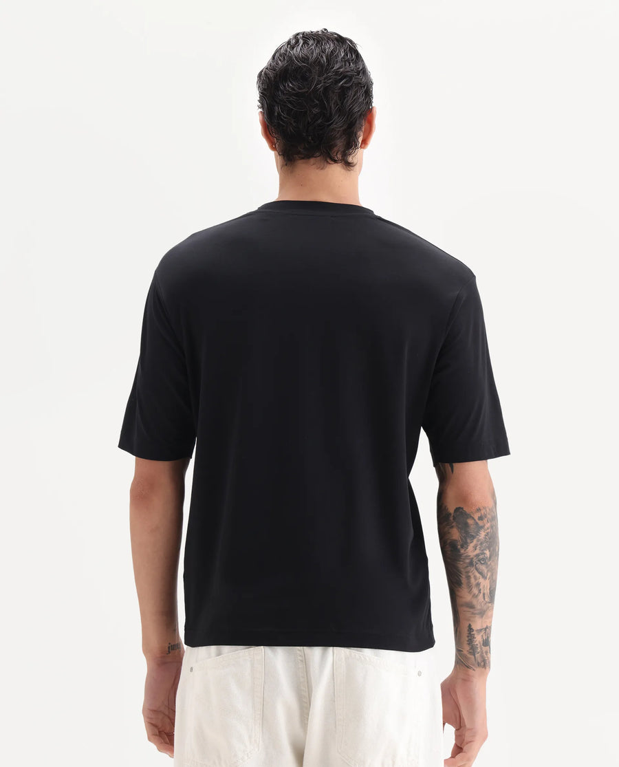 Rare Rabbit Men's Rom Black Cotton Blend Fabric Half Sleeve Crew Neck Oversized Fit Graphic Print T-Shirt