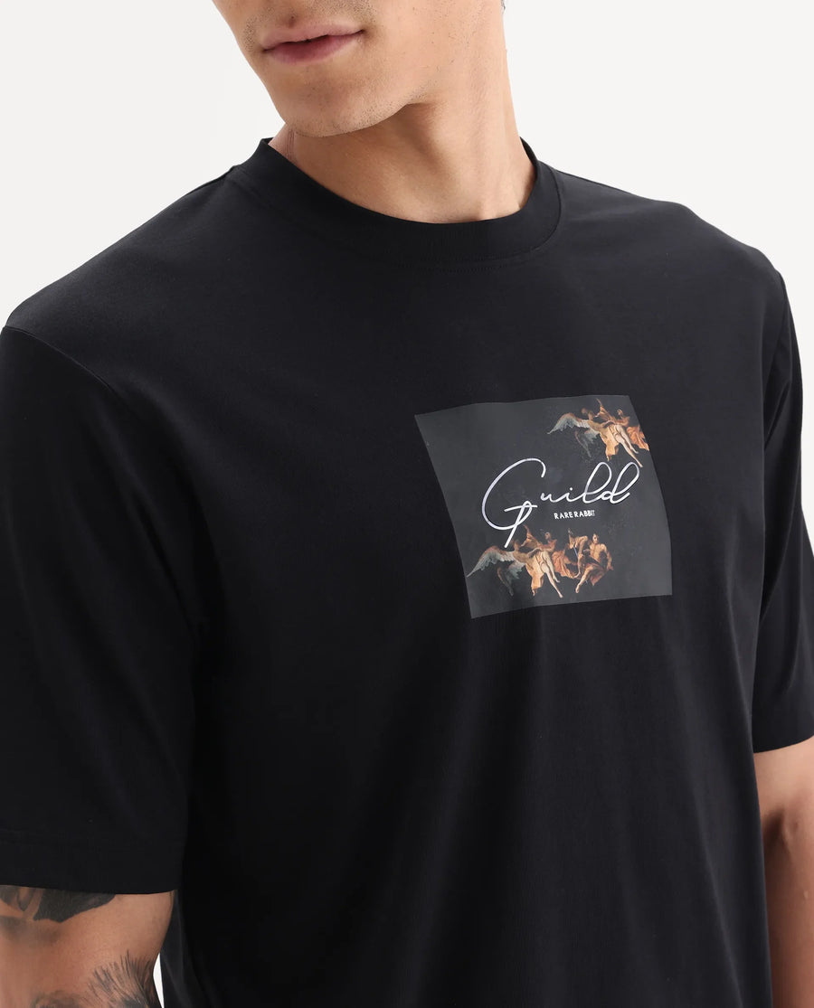 Rare Rabbit Men's Rom Black Cotton Blend Fabric Half Sleeve Crew Neck Oversized Fit Graphic Print T-Shirt